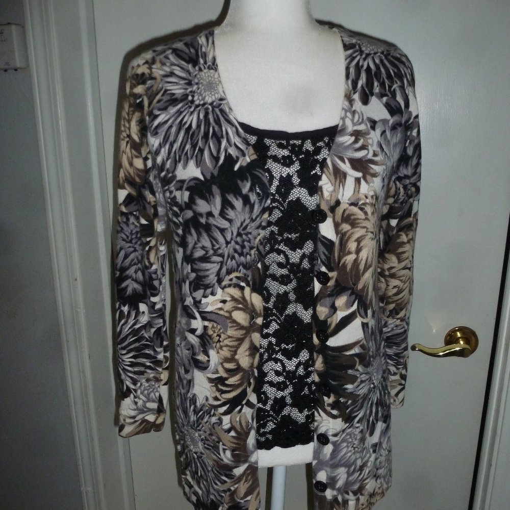 Isaac Mizrahi Live! Women's floral Print button-front  Sweater / Cardigan XXS